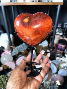 Polished Carnelian Agate Heart Gemstone w/Metal Stand - PRICE VERY FIRM